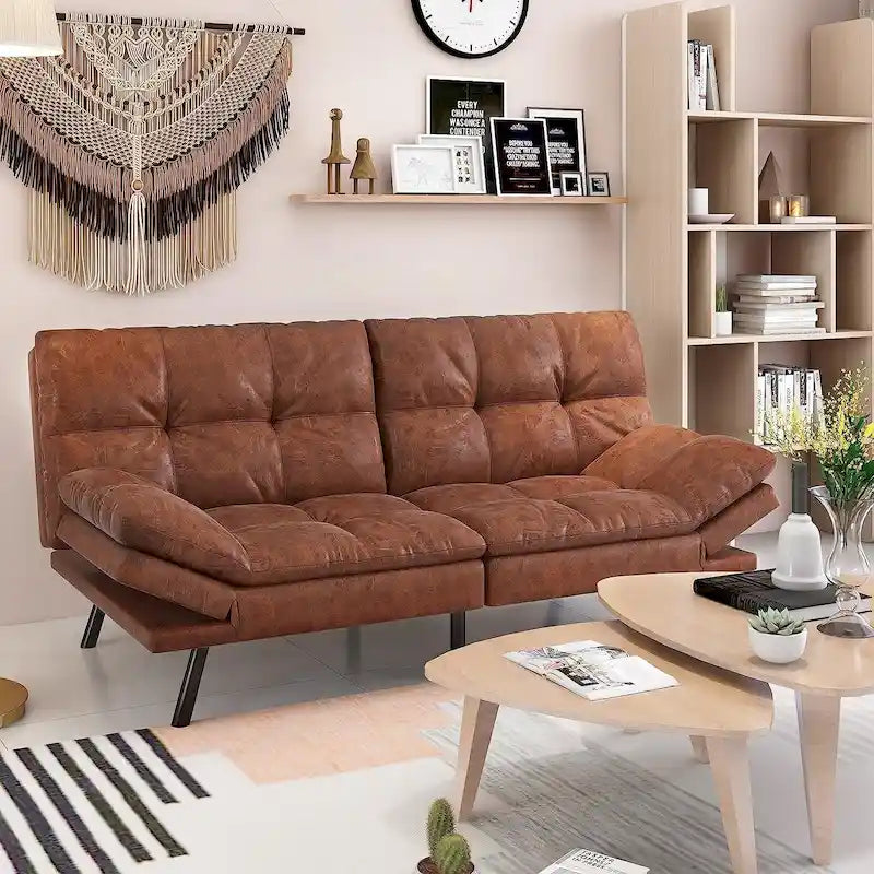 Convertible Futon Sofa Bed with Memory Foam and Adjustable Armrests – Black / Camel Brown, 1–2 Person Use