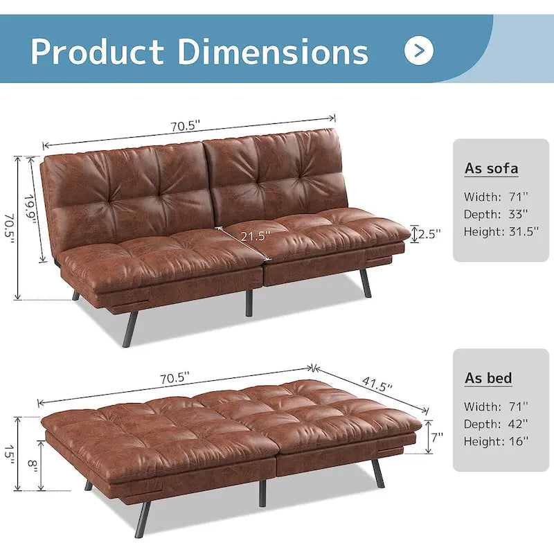 Convertible Futon Sofa Bed with Memory Foam and Adjustable Armrests – Black / Camel Brown, 1–2 Person Use