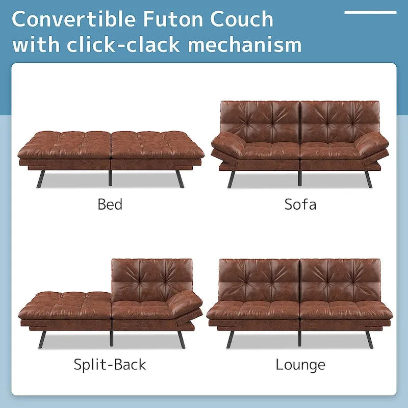 Convertible Futon Sofa Bed with Memory Foam and Adjustable Armrests – Black / Camel Brown, 1–2 Person Use