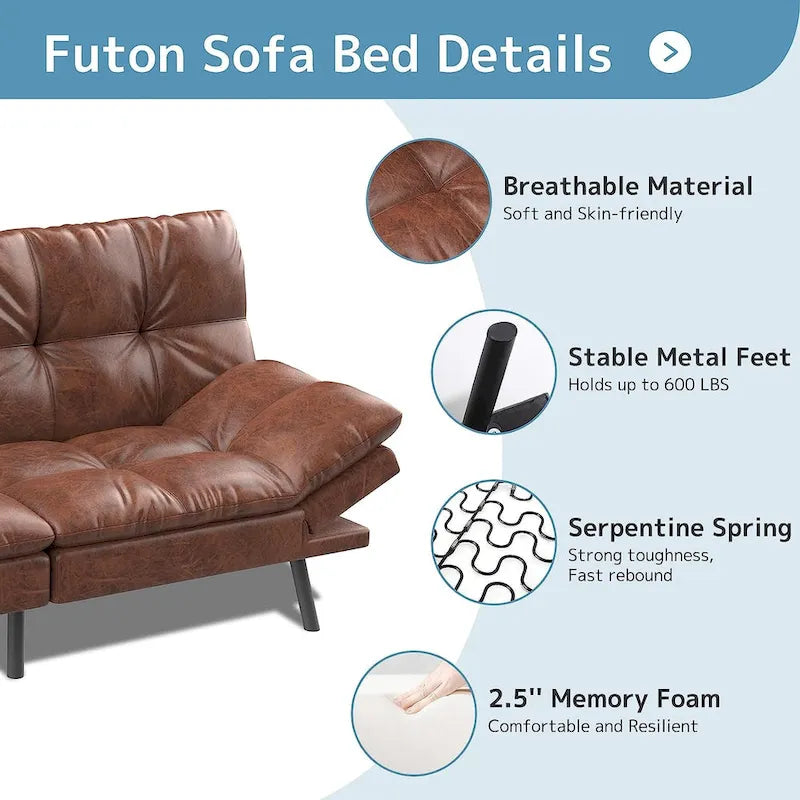 Convertible Futon Sofa Bed with Memory Foam and Adjustable Armrests – Black / Camel Brown, 1–2 Person Use