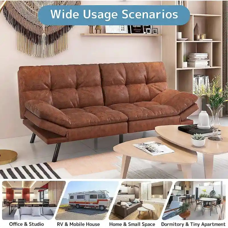 Convertible Futon Sofa Bed with Memory Foam and Adjustable Armrests – Black / Camel Brown, 1–2 Person Use