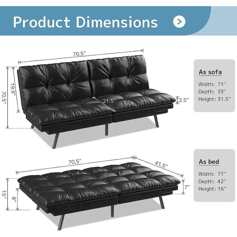 Convertible Futon Sofa Bed with Memory Foam and Adjustable Armrests – Black / Camel Brown, 1–2 Person Use