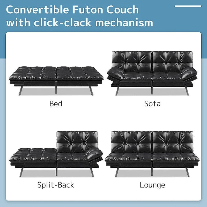 Convertible Futon Sofa Bed with Memory Foam and Adjustable Armrests – Black / Camel Brown, 1–2 Person Use