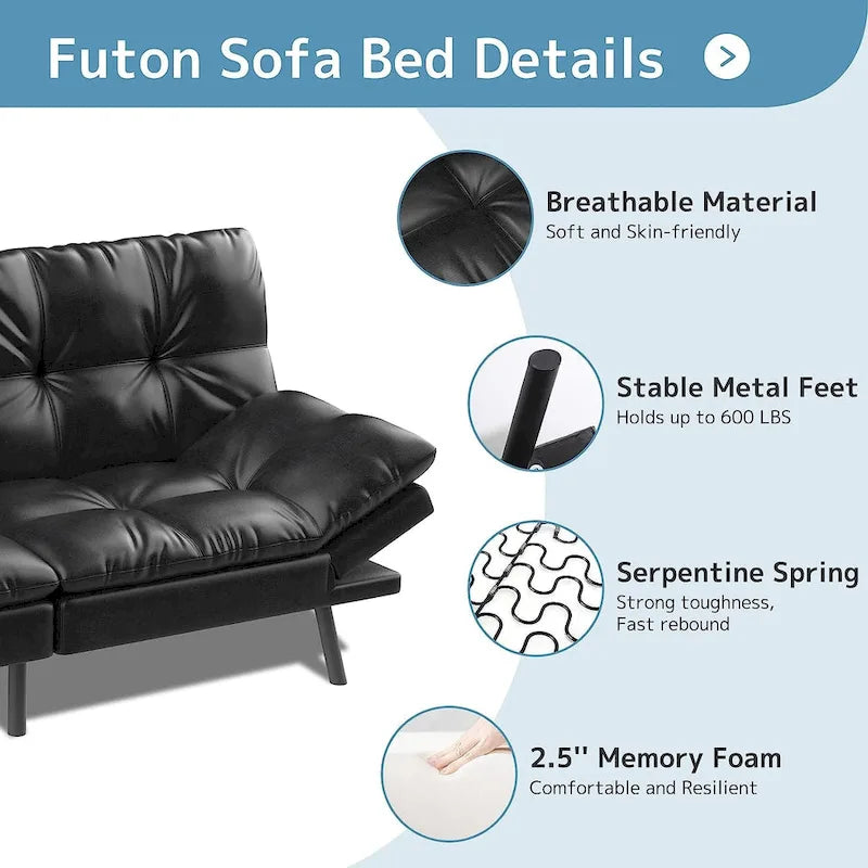 Convertible Futon Sofa Bed with Memory Foam and Adjustable Armrests – Black / Camel Brown, 1–2 Person Use