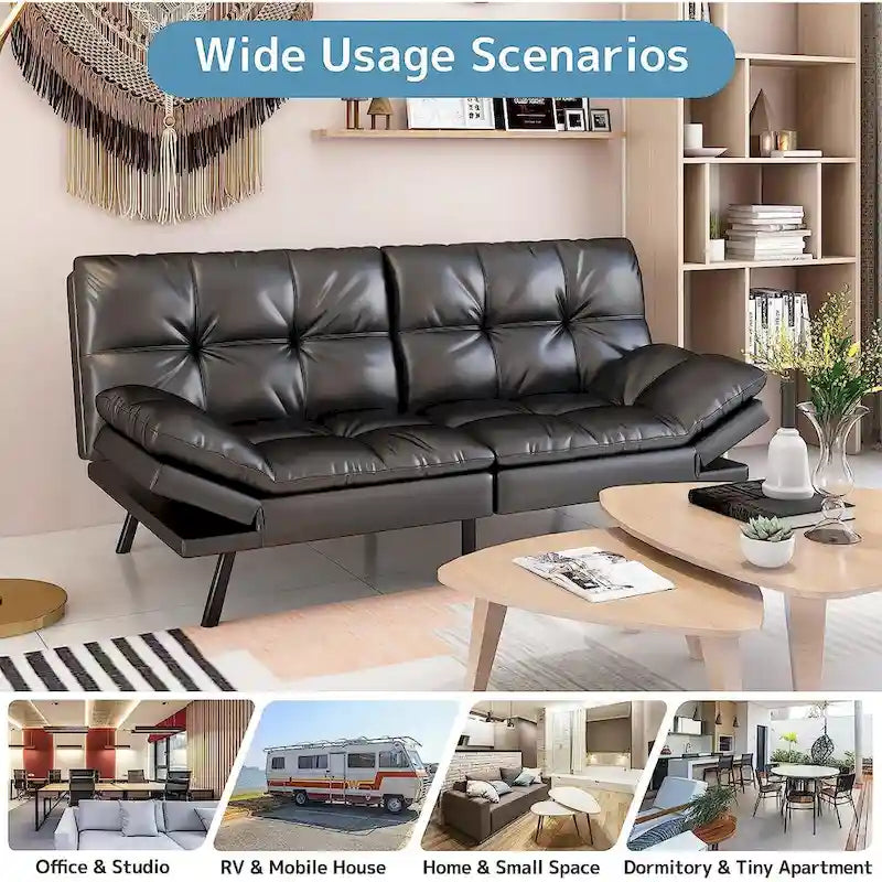 Convertible Futon Sofa Bed with Memory Foam and Adjustable Armrests – Black / Camel Brown, 1–2 Person Use