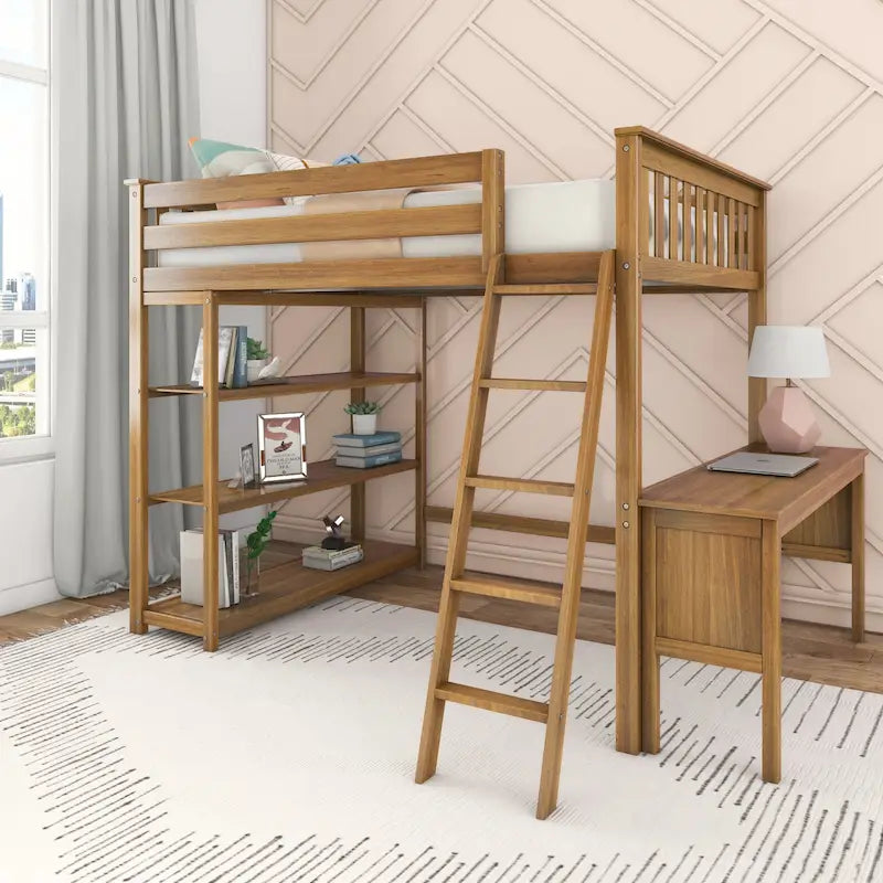 Full Size High Loft Bed with Bookcase and Desk – Walnut / Pecan / Clay, 1-Person Use