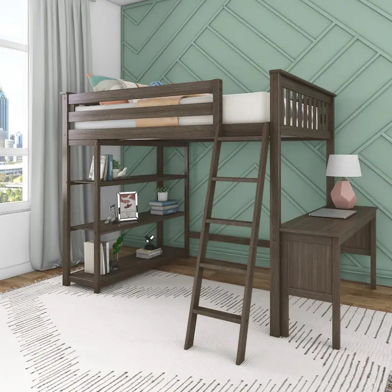 Full Size High Loft Bed with Bookcase and Desk – Walnut / Pecan / Clay, 1-Person Use