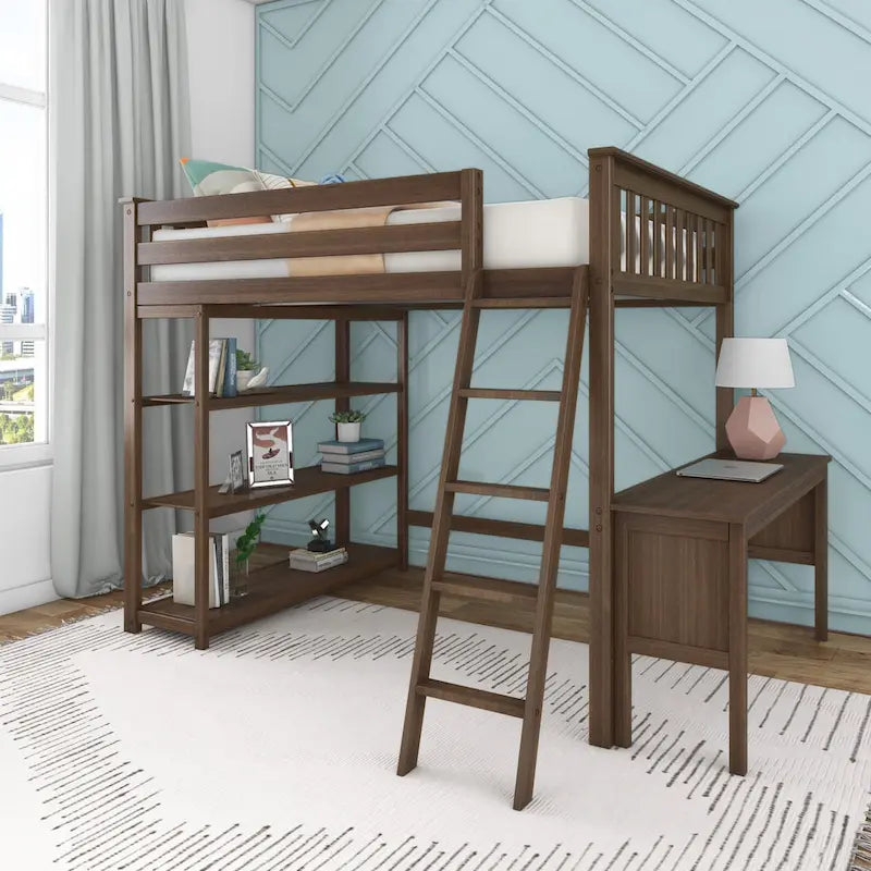 Full Size High Loft Bed with Bookcase and Desk – Walnut / Pecan / Clay, 1-Person Use