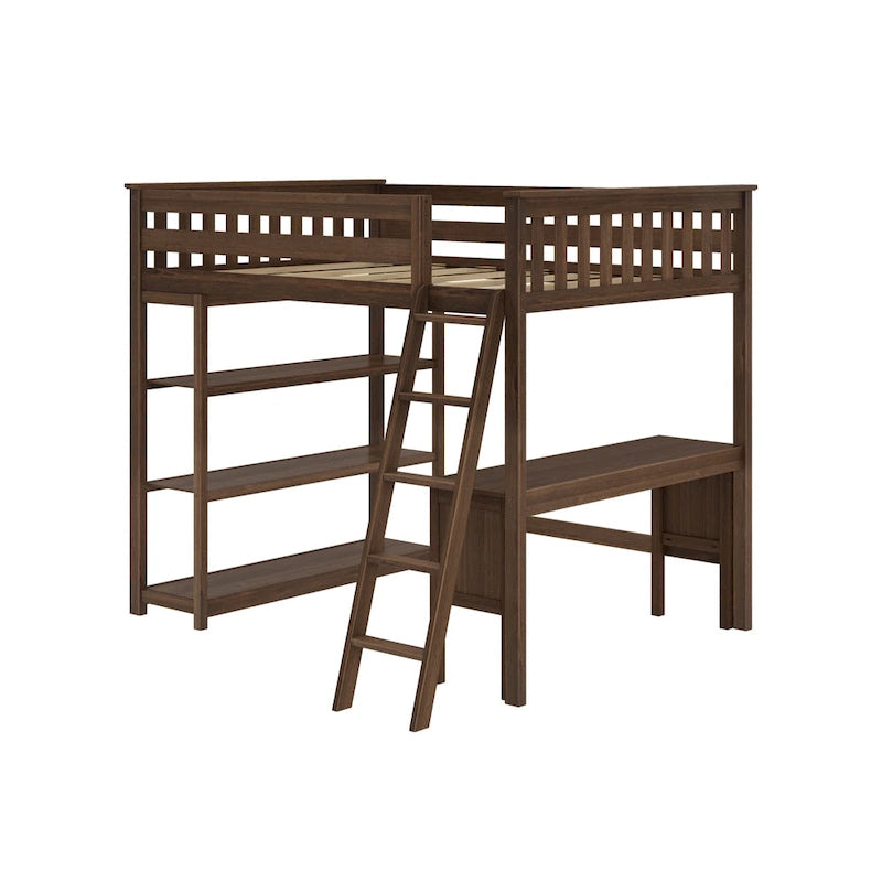 Full Size High Loft Bed with Bookcase and Desk – Walnut / Pecan / Clay, 1-Person Use