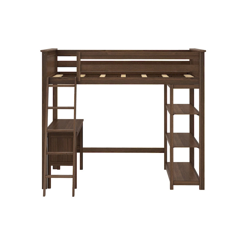 Full Size High Loft Bed with Bookcase and Desk – Walnut / Pecan / Clay, 1-Person Use
