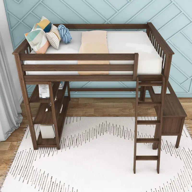 Full Size High Loft Bed with Bookcase and Desk – Walnut / Pecan / Clay, 1-Person Use