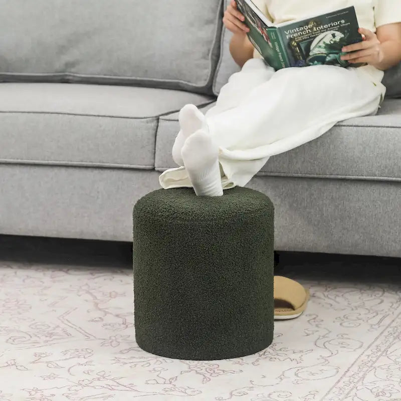 Small Fabric Footrest Ottoman Stool with Wood Frame – White / Dark Orange / Ginger / Dark Green, 1-Person Use