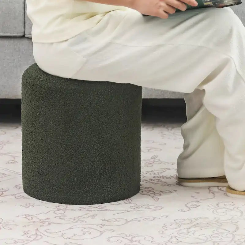 Small Fabric Footrest Ottoman Stool with Wood Frame – White / Dark Orange / Ginger / Dark Green, 1-Person Use