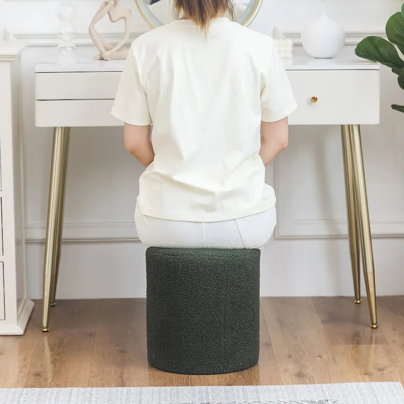Small Fabric Footrest Ottoman Stool with Wood Frame – White / Dark Orange / Ginger / Dark Green, 1-Person Use