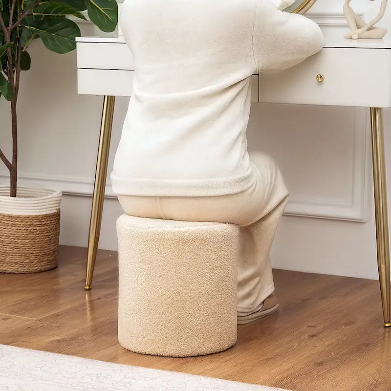 Small Fabric Footrest Ottoman Stool with Wood Frame – White / Dark Orange / Ginger / Dark Green, 1-Person Use