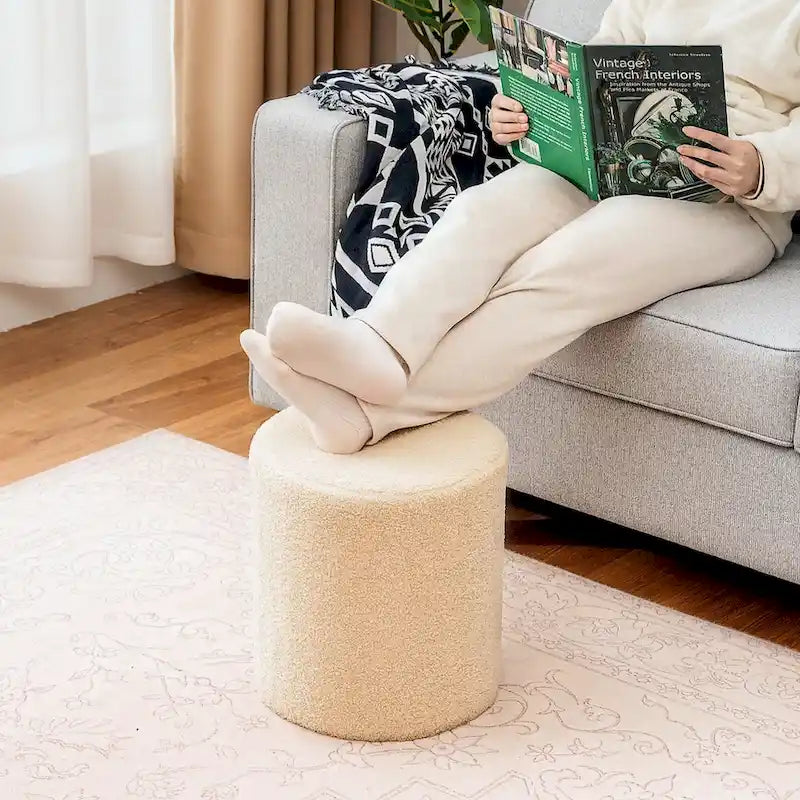 Small Fabric Footrest Ottoman Stool with Wood Frame – White / Dark Orange / Ginger / Dark Green, 1-Person Use