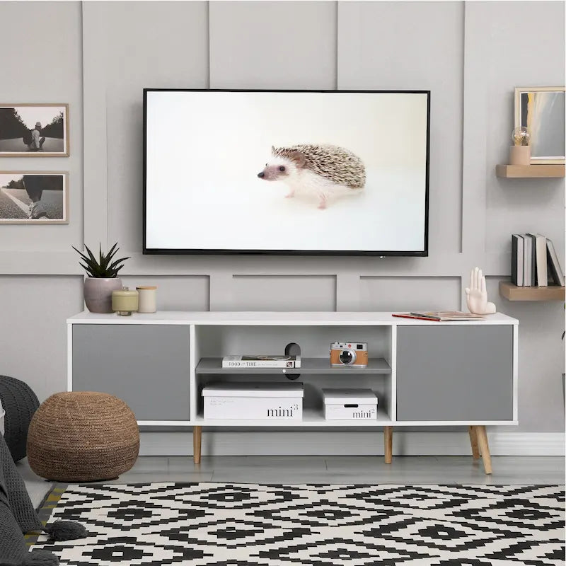 Mid-Century TV Stand with Push-Open Doors, Open Shelf and Cable Management – White / Black, Fits TVs up to 60", 1-Person Use