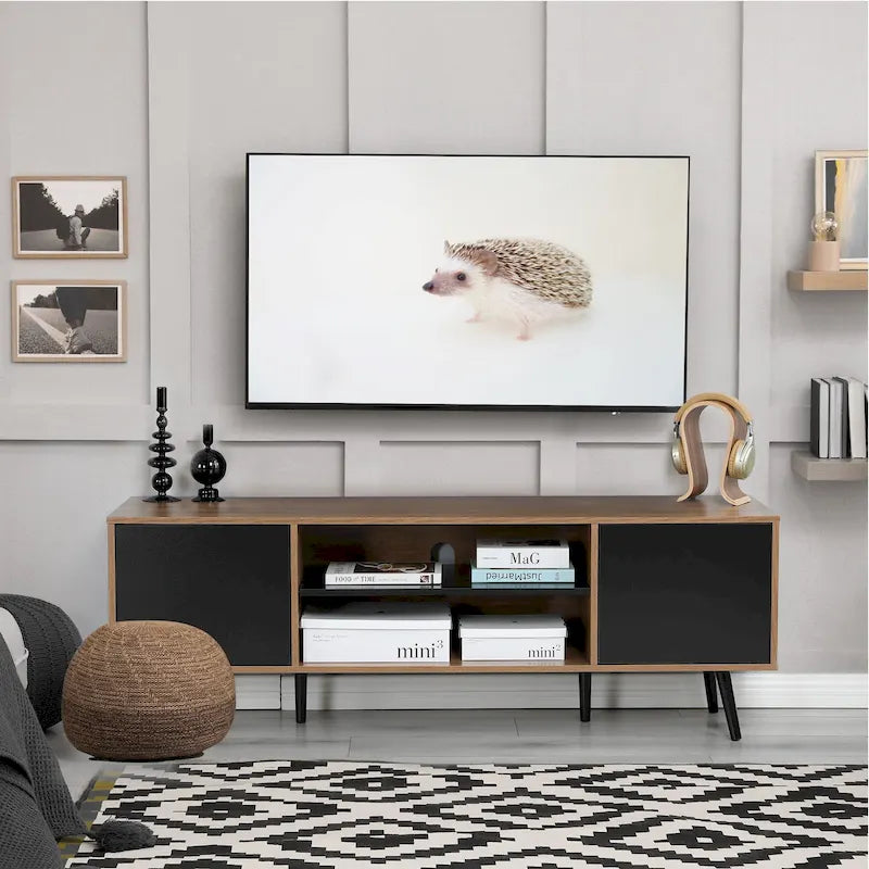 Mid-Century TV Stand with Push-Open Doors, Open Shelf and Cable Management – White / Black, Fits TVs up to 60", 1-Person Use