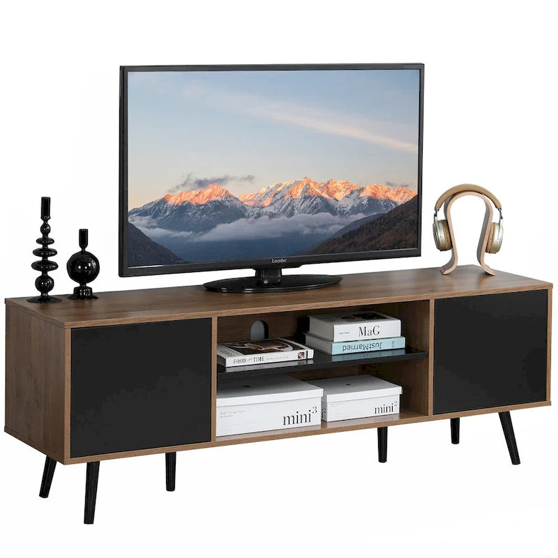 Mid-Century TV Stand with Push-Open Doors, Open Shelf and Cable Management – White / Black, Fits TVs up to 60", 1-Person Use