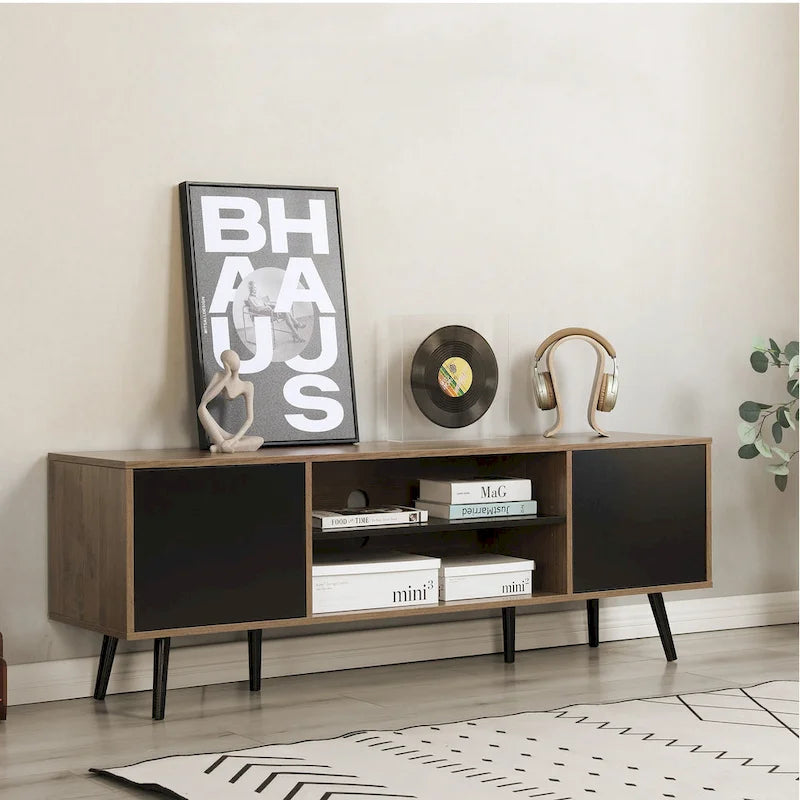 Mid-Century TV Stand with Push-Open Doors, Open Shelf and Cable Management – White / Black, Fits TVs up to 60", 1-Person Use