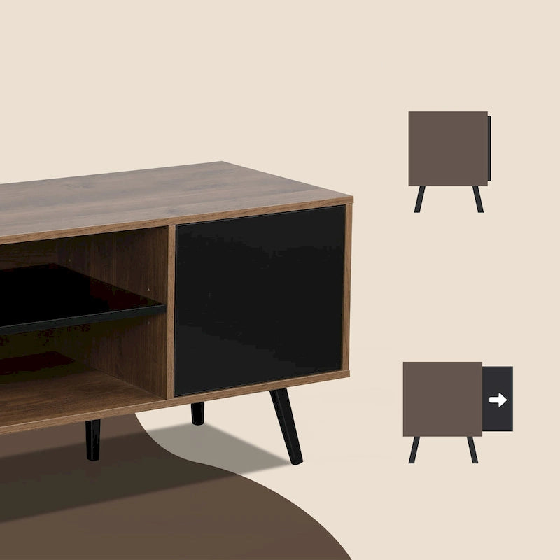 Mid-Century TV Stand with Push-Open Doors, Open Shelf and Cable Management – White / Black, Fits TVs up to 60", 1-Person Use