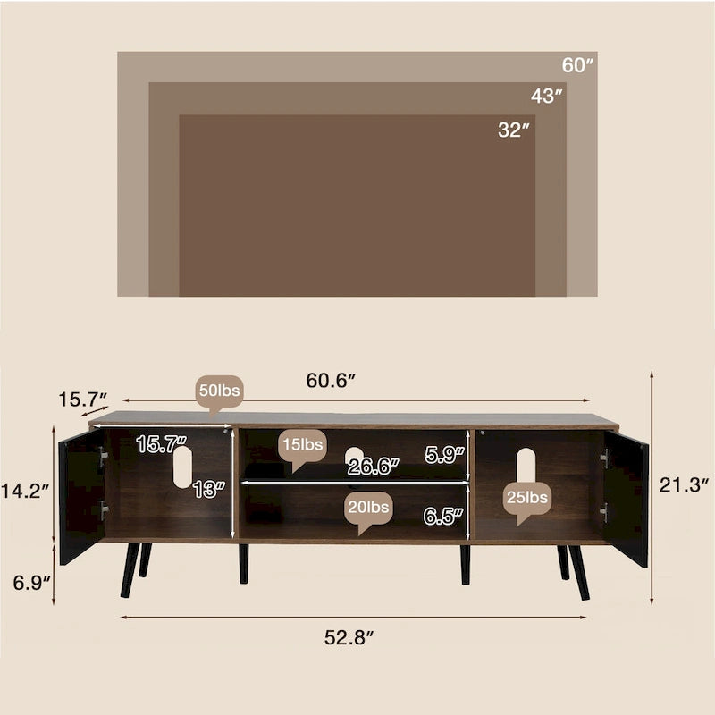 Mid-Century TV Stand with Push-Open Doors, Open Shelf and Cable Management – White / Black, Fits TVs up to 60", 1-Person Use