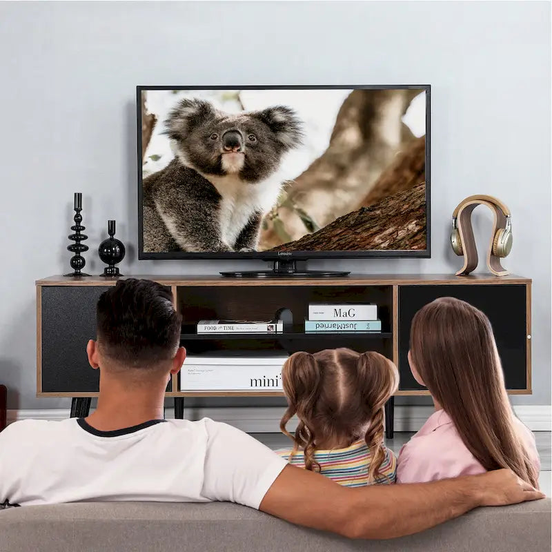 Mid-Century TV Stand with Push-Open Doors, Open Shelf and Cable Management – White / Black, Fits TVs up to 60", 1-Person Use