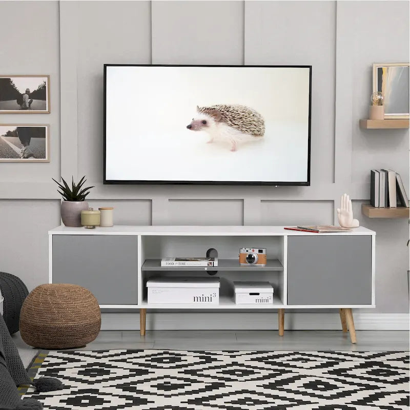 Mid-Century TV Stand with Push-Open Doors, Open Shelf and Cable Management – White / Black, Fits TVs up to 60", 1-Person Use