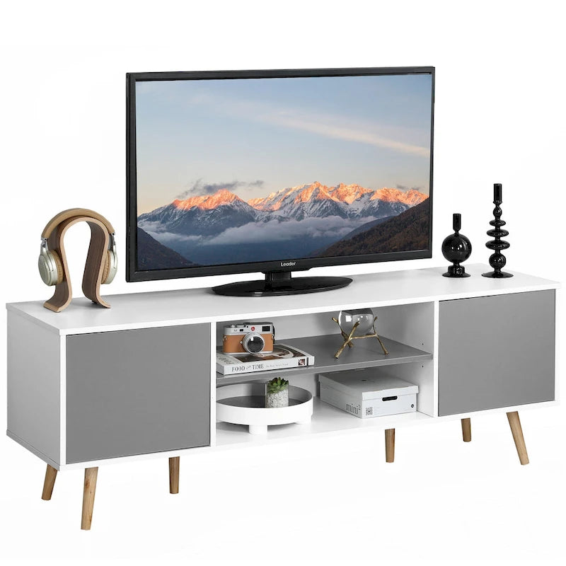 Mid-Century TV Stand with Push-Open Doors, Open Shelf and Cable Management – White / Black, Fits TVs up to 60", 1-Person Use
