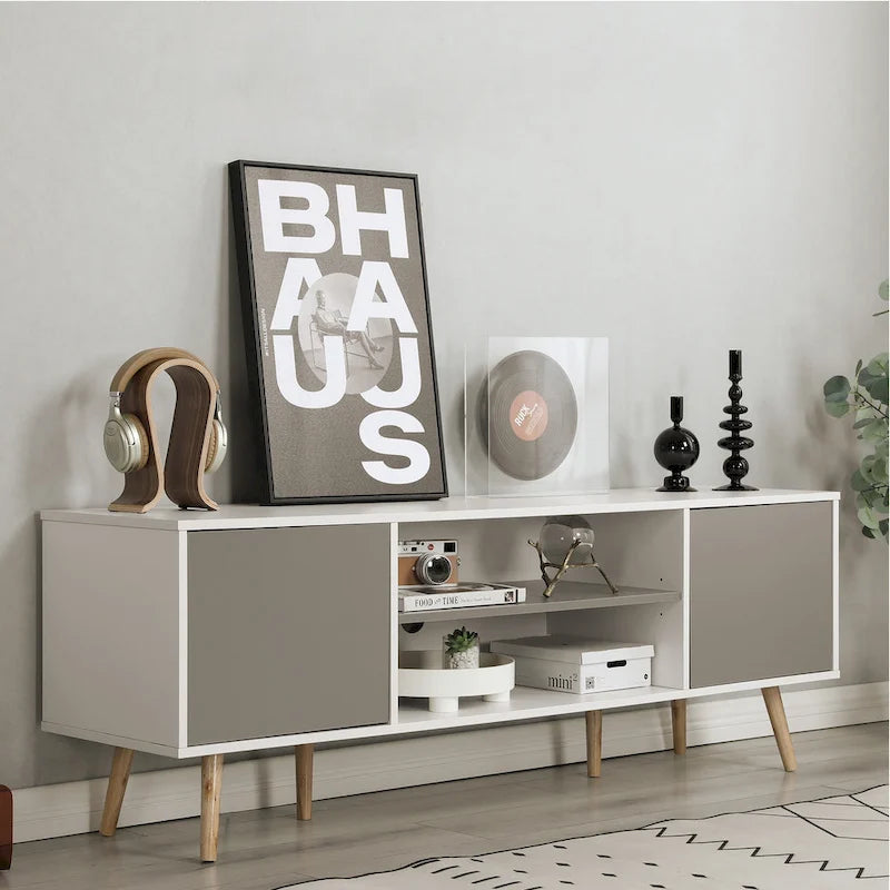 Mid-Century TV Stand with Push-Open Doors, Open Shelf and Cable Management – White / Black, Fits TVs up to 60", 1-Person Use