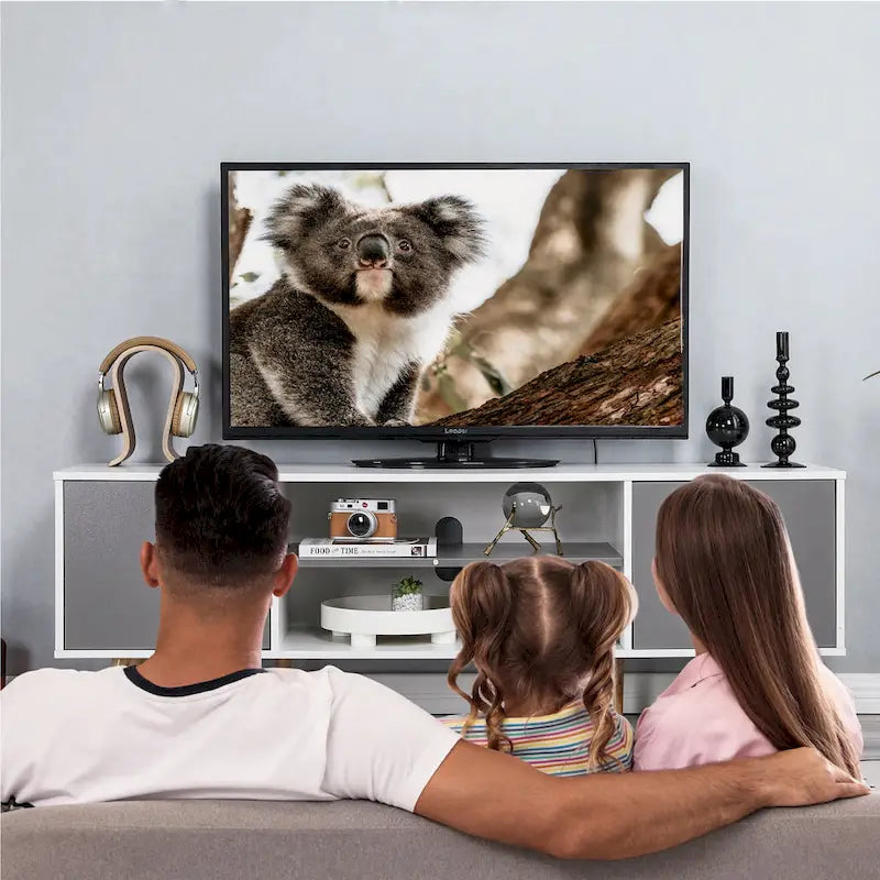 Mid-Century TV Stand with Push-Open Doors, Open Shelf and Cable Management – White / Black, Fits TVs up to 60", 1-Person Use