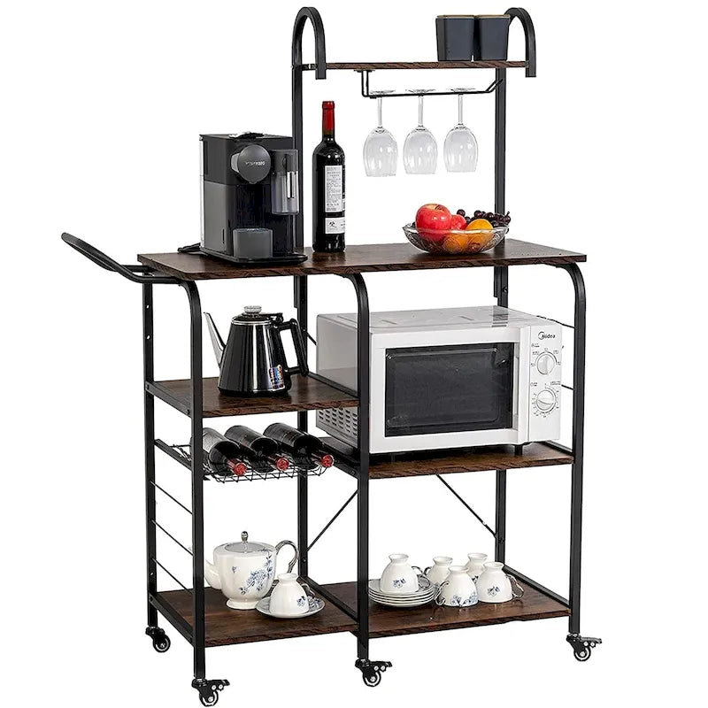 Rolling Bar Cart with Wine Rack and Storage Shelves – Brown, 3-Tier / 4+3-Tier, 1-Unit
