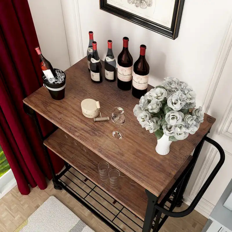 Rolling Bar Cart with Wine Rack and Storage Shelves – Brown, 3-Tier / 4+3-Tier, 1-Unit