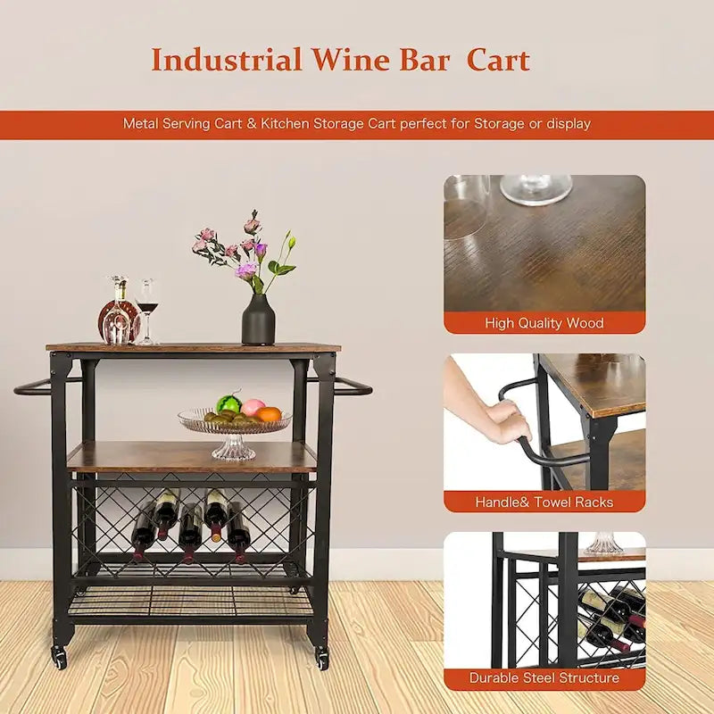 Rolling Bar Cart with Wine Rack and Storage Shelves – Brown, 3-Tier / 4+3-Tier, 1-Unit
