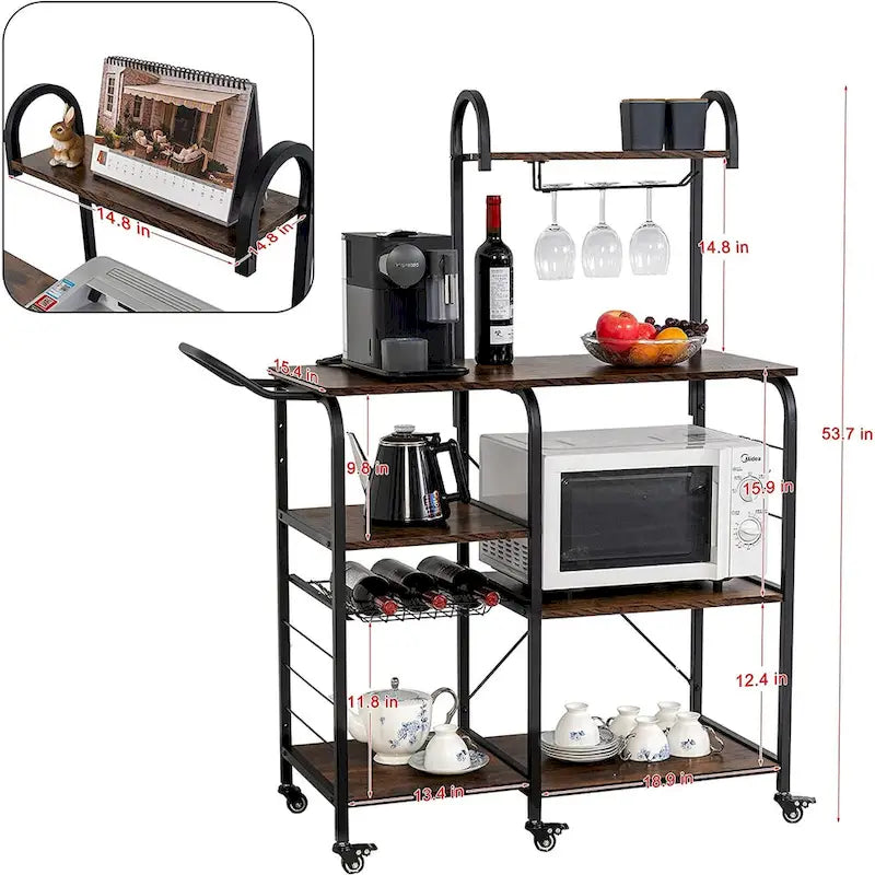 Rolling Bar Cart with Wine Rack and Storage Shelves – Brown, 3-Tier / 4+3-Tier, 1-Unit