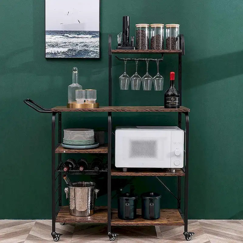 Rolling Bar Cart with Wine Rack and Storage Shelves – Brown, 3-Tier / 4+3-Tier, 1-Unit