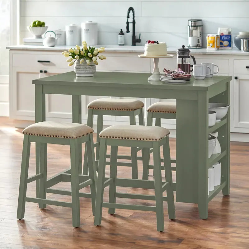 Counter-Height Dining Table with 3 Open Storage Shelves – Antique White / Sage Green / Grey, 2-Person Use