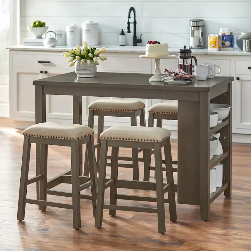 Counter-Height Dining Table with 3 Open Storage Shelves – Antique White / Sage Green / Grey, 2-Person Use