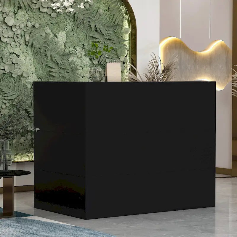 L-Shaped Reception Desk with Open, Closed and Lockable Storage, File Drawer and Privacy Panels – White / Black / Marble, 1-Person Use