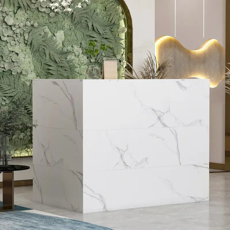 L-Shaped Reception Desk with Open, Closed and Lockable Storage, File Drawer and Privacy Panels – White / Black / Marble, 1-Person Use