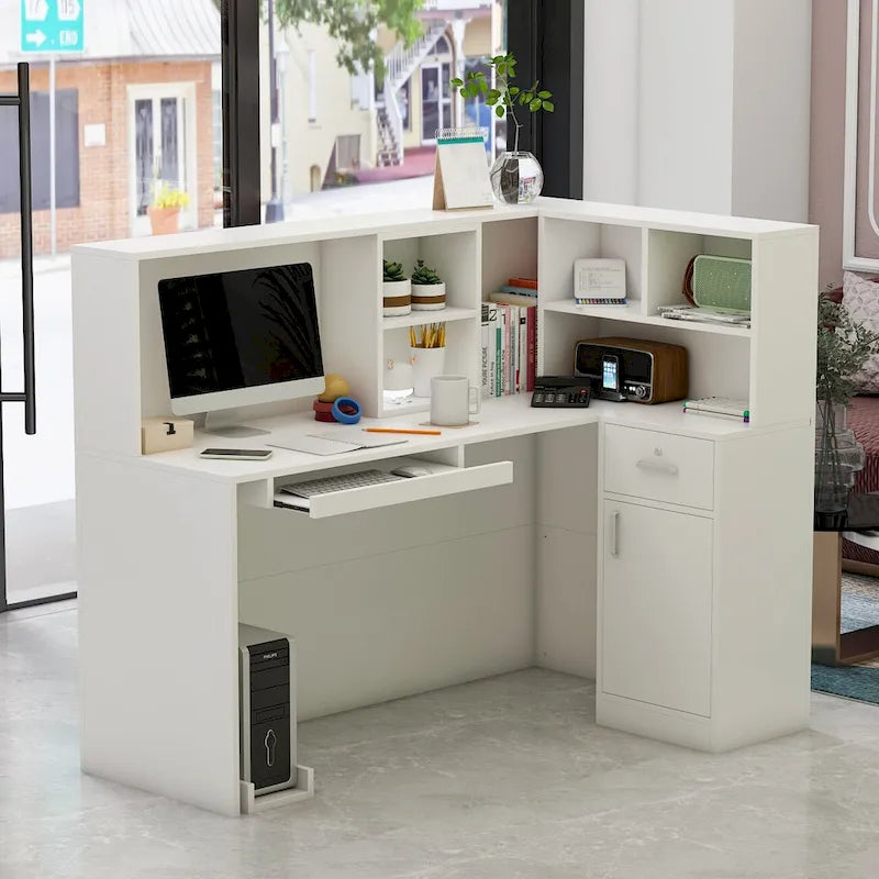 L-Shaped Reception Desk with Open, Closed and Lockable Storage, File Drawer and Privacy Panels – White / Black / Marble, 1-Person Use