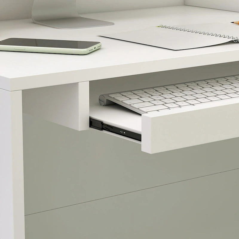 L-Shaped Reception Desk with Open, Closed and Lockable Storage, File Drawer and Privacy Panels – White / Black / Marble, 1-Person Use