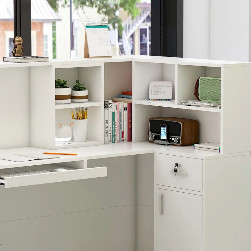 L-Shaped Reception Desk with Open, Closed and Lockable Storage, File Drawer and Privacy Panels – White / Black / Marble, 1-Person Use