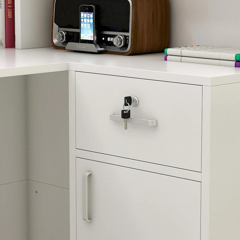 L-Shaped Reception Desk with Open, Closed and Lockable Storage, File Drawer and Privacy Panels – White / Black / Marble, 1-Person Use