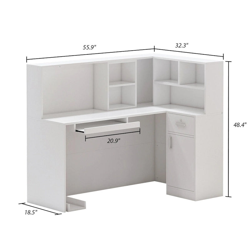 L-Shaped Reception Desk with Open, Closed and Lockable Storage, File Drawer and Privacy Panels – White / Black / Marble, 1-Person Use
