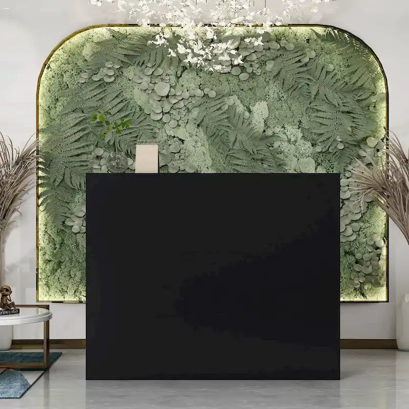 L-Shaped Reception Desk with Open, Closed and Lockable Storage, File Drawer and Privacy Panels – White / Black / Marble, 1-Person Use