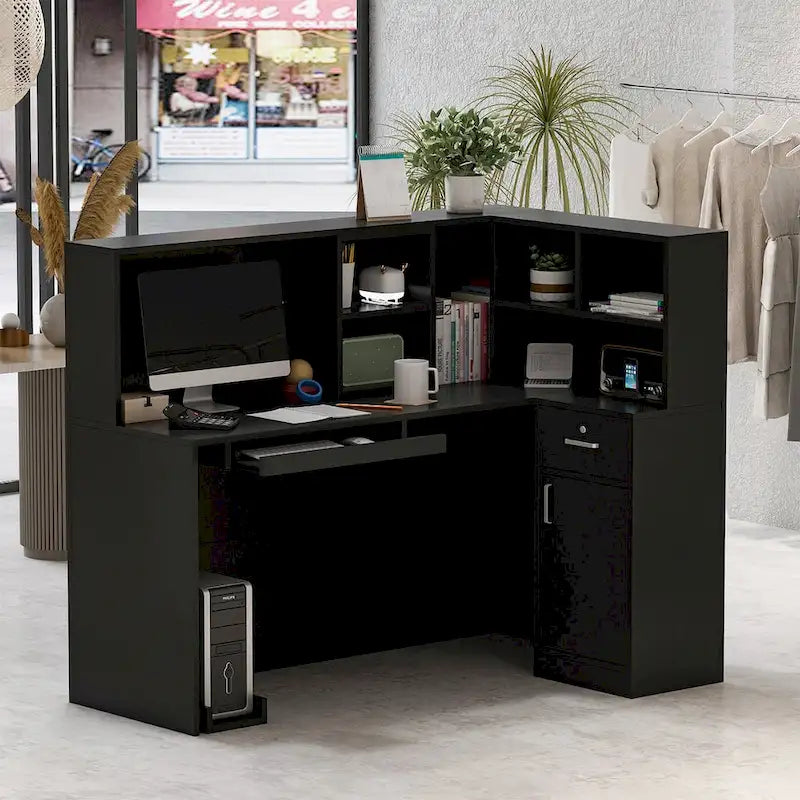 L-Shaped Reception Desk with Open, Closed and Lockable Storage, File Drawer and Privacy Panels – White / Black / Marble, 1-Person Use