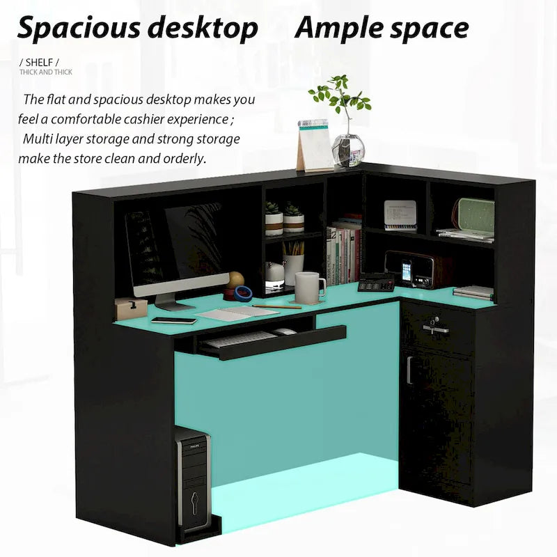 L-Shaped Reception Desk with Open, Closed and Lockable Storage, File Drawer and Privacy Panels – White / Black / Marble, 1-Person Use