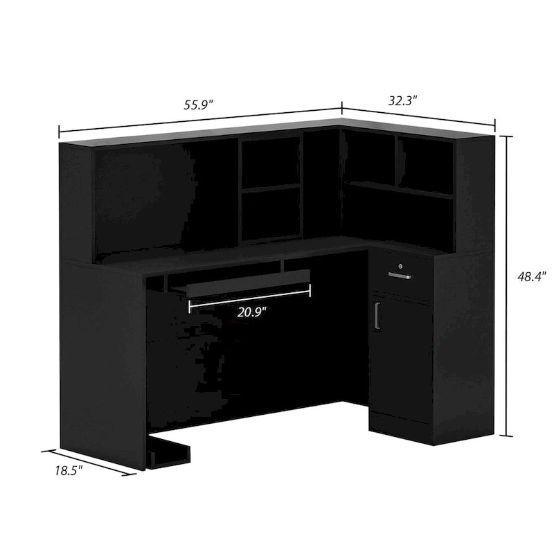 L-Shaped Reception Desk with Open, Closed and Lockable Storage, File Drawer and Privacy Panels – White / Black / Marble, 1-Person Use