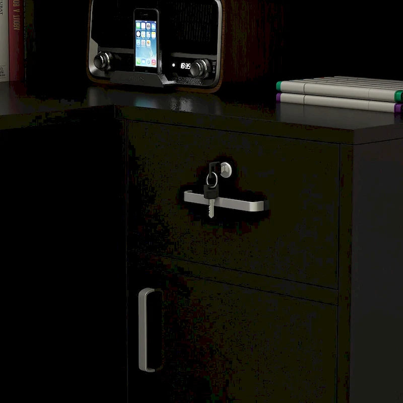 L-Shaped Reception Desk with Open, Closed and Lockable Storage, File Drawer and Privacy Panels – White / Black / Marble, 1-Person Use